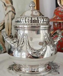 Solid Silver Sugar Bowl by Risler & Carre Paris in Louis XVI Style, 19th Century Period