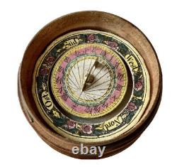 Sun-shaped Dial-in Compass Of Wood Pocket - Polychrome Paper Science Period 19th