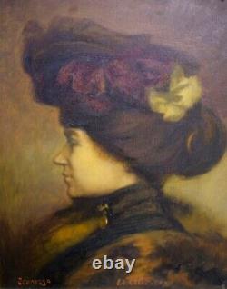 Tableau Ancienne Portrait Dame Belle Époque Mode Signed Late 19th 1900 Atelier