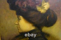 Tableau Ancienne Portrait Dame Belle Époque Mode Signed Late 19th 1900 Atelier