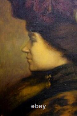 Tableau Ancienne Portrait Dame Belle Époque Mode Signed Late 19th 1900 Atelier