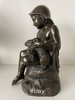 The Child and the Rabbit, Bronze Sculpture from the Late 19th Century