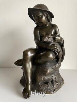 The Child and the Rabbit, Bronze Sculpture from the Late 19th Century