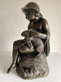 The Child and the Rabbit, Bronze Sculpture from the Late 19th Century