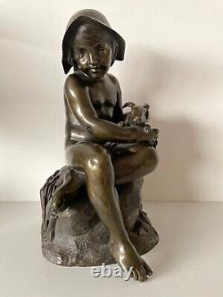 The Child and the Rabbit, Bronze Sculpture from the Late 19th Century