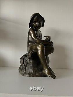 The Child and the Rabbit, Bronze Sculpture from the Late 19th Century