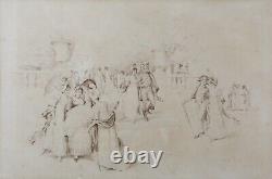 Translation: Antique ink wash depicting a festive scene in a 19th-century park