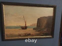 Translation: 'Marine from the 19th Century: Boat on the Beach. Oil Painting in an Antique Frame. Signed'