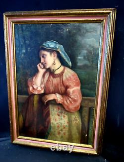 Translation: 'Old oil painting of an Italian lady, signed, from the 19th century'