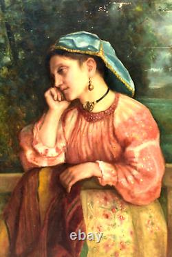 Translation: 'Old oil painting of an Italian lady, signed, from the 19th century'