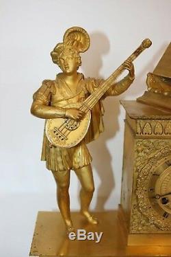 Troubadour Clock In Gilt Bronze Signed Fred Malzahn Nineteenth Time