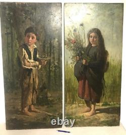 Two oil paintings on panels of a destitute child, 19th century period