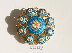 VERY BEAUTIFUL ANTIQUE BROOCH from the 19th century in gilded metal with BLUE BRESSAN ENAMEL