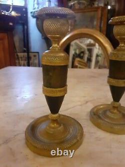 Very Beautiful Pair Of Candlestick Ragot In Bronze Chiseled Empire Era, Early Xixth