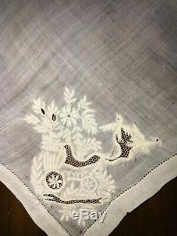 Very Old Handkerchief Embroidered 19th Time, Fables Of La Fontaine 72 CM X 70 CM