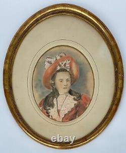 Watercolor Young Girl XIX Eme In Costume D Epoque Frame Oval Dore C3506