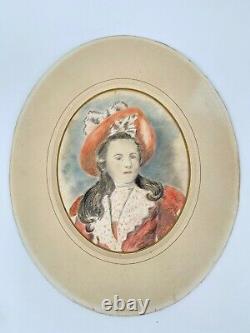 Watercolor Young Girl XIX Eme In Costume D Epoque Frame Oval Dore C3506