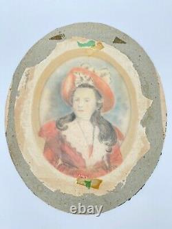 Watercolor Young Girl XIX Eme In Costume D Epoque Frame Oval Dore C3506