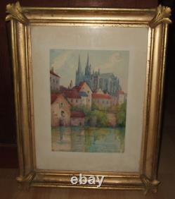 Watercolor in its frame. The Chartres Cathedral. 19th Century Period