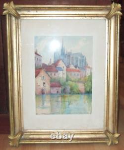 Watercolor in its frame. The Chartres Cathedral. 19th Century Period