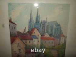 Watercolor in its frame. The Chartres Cathedral. 19th Century Period