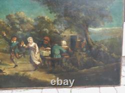 180.578.5 cm, grand tableau le repas dansant champêtre, époque XIX ème siècle