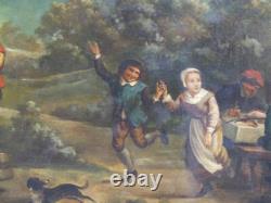 180.578.5 cm, grand tableau le repas dansant champêtre, époque XIX ème siècle