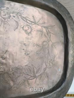 ANCIEN GRAND PLATEAU en CUIVRE Gravé Fleurs EPOQUE EMPIRE XIXème Palmettes