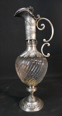 Aiguière, Carafe à Alcool En Argent Massif Et Verre Torsadé, époque XIX ème Sièc