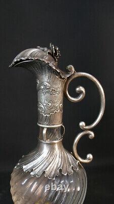 Aiguière, Carafe à Alcool En Argent Massif Et Verre Torsadé, époque XIX ème Sièc