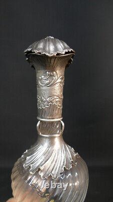 Aiguière, Carafe à Alcool En Argent Massif Et Verre Torsadé, époque XIX ème Sièc