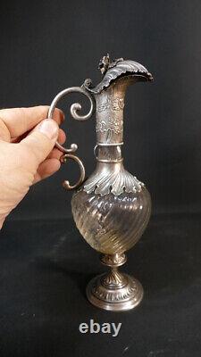 Aiguière, Carafe à Alcool En Argent Massif Et Verre Torsadé, époque XIX ème Sièc