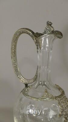 Aiguière En Cristal Gravé Et Monture Filigrané En Métal Argenté, époque XIX ème