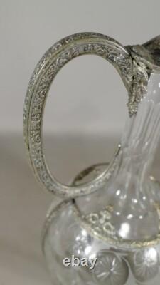 Aiguière En Cristal Gravé Et Monture Filigrané En Métal Argenté, époque XIX ème