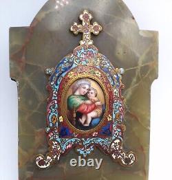 Ancien Bénitier Emaux cloisonné Vierge à L'Enfant Jesus Madone époque XIXème