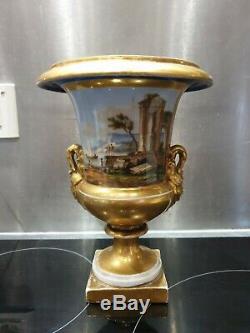 Ancien Grand Vase, Medicis, Epoque Empire, Dorure Porcelaine De Paris, Xixeme