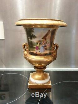 Ancien Grand Vase, Medicis, Epoque Empire, Dorure Porcelaine De Paris, Xixeme