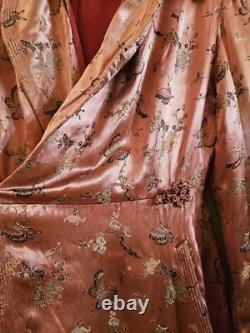 Ancien Long Manteau En Soie chine XIXÈME, Motif Papillon Chinese Vieux Rose
