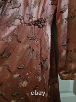 Ancien Long Manteau En Soie chine XIXÈME, Motif Papillon Chinese Vieux Rose