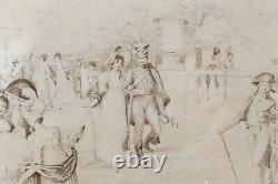 Ancien lavis d'encre représentant une scène festive dans un parc époque XIX ème