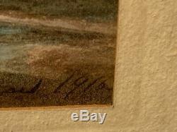Ancienne aquarelle gouachée. Paysage animé signée Karl Girardet époque XIXème