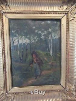 Ancienne peinture femme au fardot époque XIX ème s beau cadre doré à palmettes