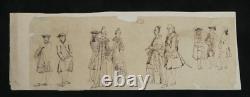 Anonyme Dessin original à l'encre- Étude de figures en tenue d'époque, XIX ème