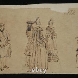 Anonyme Dessin original à l'encre- Étude de figures en tenue d'époque, XIX ème Anonyme Dessin original à l'encre- Étude de figures en tenue d'époque, XIX ème