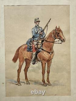 Aquarelle Dessin Personnage Militaire Soldat à Cheval Cavalerie Époque XIX ème