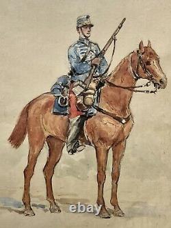Aquarelle Dessin Personnage Militaire Soldat à Cheval Cavalerie Époque XIX ème