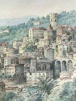 Aquarelle vue sur un village de Provence époque 1 ère partie du XIX ème