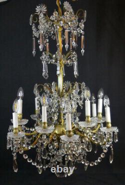 Baccarat, Grand Lustre 12 Lumières En Cristal Et Bronze, époque XIX ème Siècle