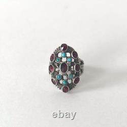 Bague ancienne en argent 800, grenats et turquoises Belle Époque fin XIXème