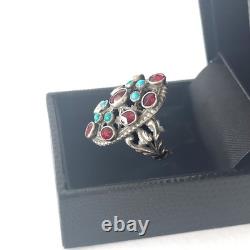 Bague ancienne en argent 800, grenats et turquoises Belle Époque fin XIXème